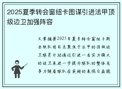 2025夏季转会窗纽卡图谋引进法甲顶级边卫加强阵容 2025夏季转会窗纽卡图谋引进法甲顶级边卫加强阵容